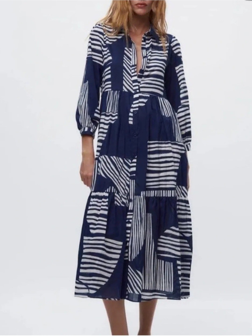 Zara Navy & White Geometric Tiered Midi Dress